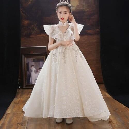 Hight-End Sequined Tulle Pearls Embroidery Trailing Ball Gown Kids Catwalk Wedding Party Flower Girl Princess Dresses L1158
