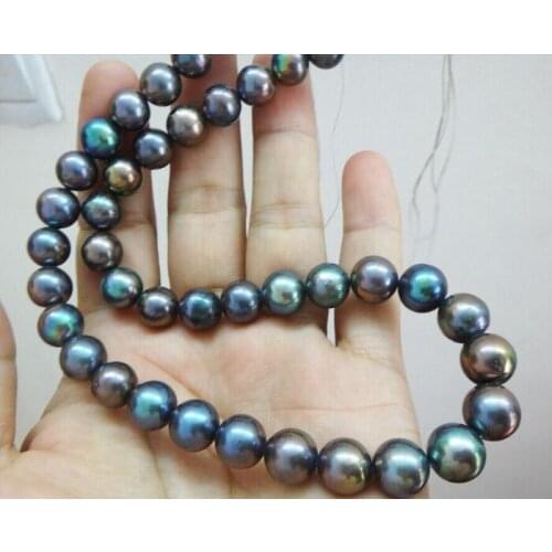 Jewelry Pearl NecklaceSuperb 17"10-11mm Natural Tahitian genuine black peacock round pearl necklace Free Shipping