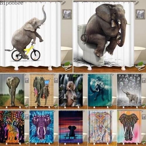 Bipoobee Lovely Riding A Bike Elephant Fabric Shower Curtains Set Funny Toilet Elephants 3D Print Bathroom Curtain with 12 Hooks
