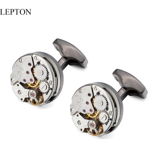 Lepton Watch Movement Design Cufflinks With Gift Box Steampunk Gear Watch Mechanism Cuff links for Mens Wedding Relojes gemelos