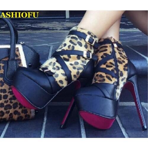 ASHIOFU Handmade Ladies High Heel Boots Faux Leopard Cross Buckle Strap Party Prom Ankle Boots Sexy Platform Evening Short Boots
