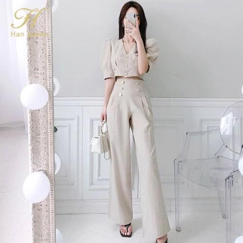 H Han Queen New Occupation 2-piece Suits Women 2020 Summer Elegant V-neck Short Crop Top & Simple Button Long Pants OL Work Set