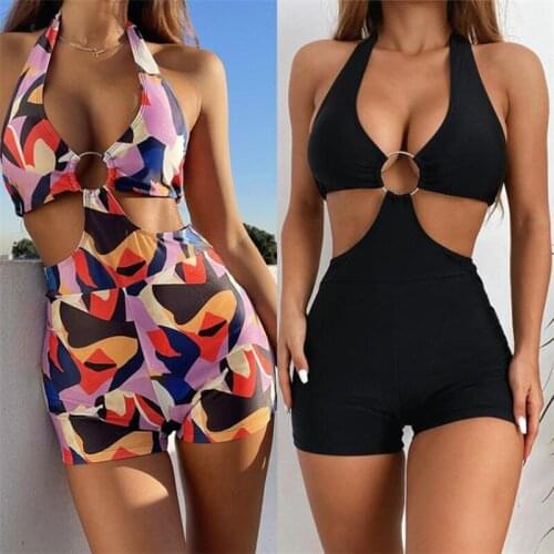 Womens Swimsuit 2021 Women’s Sexy Halter Bikini Personality Solid Color Printing Metal Ring Slim Fit Swimsuit Bathing Suit