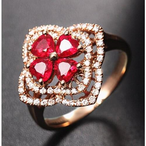 Clover flower ruby gemstones red crystal zircon diamonds rings for women 18k rose gold color luxury jewelry bijoux bague gifts