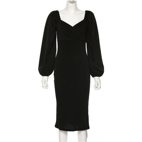 Autumn and winter womens long-sleeved bubble sleeve sexy backless slim dress