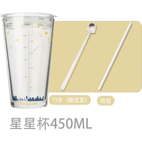 450ml large graffiti cup Office home student Graduated cup straw spoon Breakfast juice coffee milk cup Net red creative glass