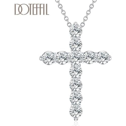 DOTEFFIL 925 Sterling Silver 18 Inches Large Zircon AAA Cross Pendant Necklace For Women Fashion Wedding Party Charm Jewelry