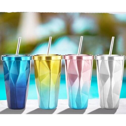 500ml Stainless Steel Hot and Cold Double Wall Drinking Cups Tumbler with Straw Coffee Mugs Irregular Diamond with Lid & Straw