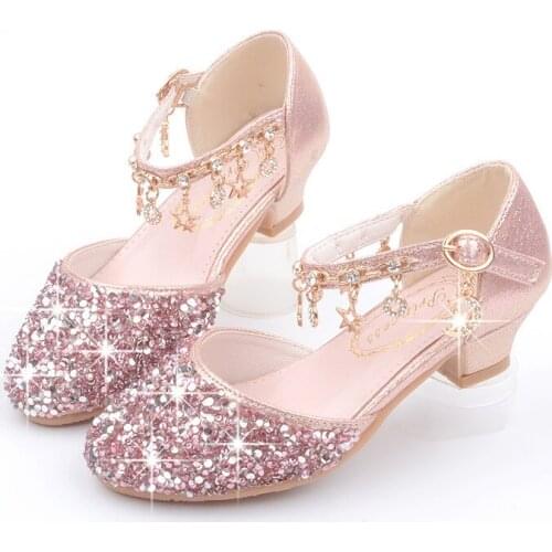 Childrens 2021 Fashion Girls Sandals Kids Rhinestone Glitter Princess Dance High Heel Shoes With Butterfly Party Sandalias PU