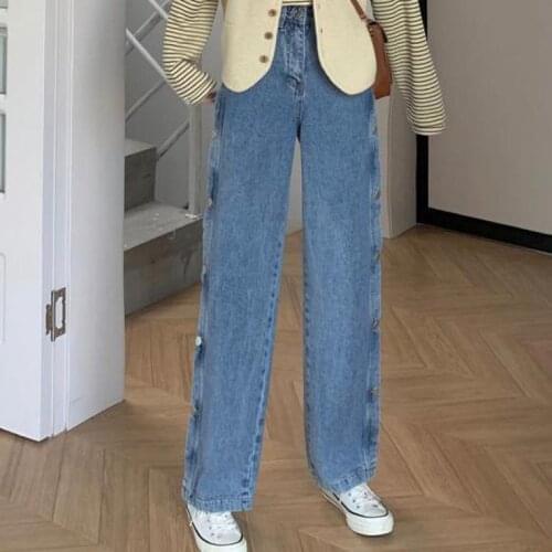 Streetwear Women Blue Jeans High Waist Side Buckle Casual Straight Baggy Mom Denim Trouser 2021 Autumn Wide Leg Denim Pants