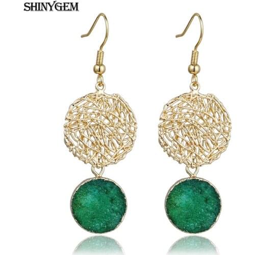 European Style Fashion Earrings For Women Natural Crystal Agate Druzy Drop Dangle Earrings Gold Plating Hollow Out Connector
