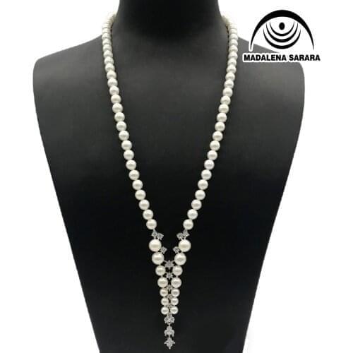MADALENA SARARA 8-9mm Luxur AAA Freshwater Pearl Necklace White Pearl Necklace With AAAA Cubic Zirconia Pendant Sweater Necklace