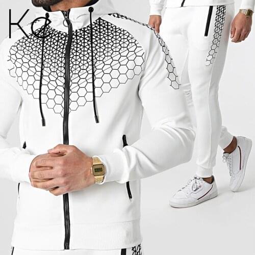 Ke 2021 new spring autumn sportswear mens European and American hooded jacket electronic honeycomb printed casual trousers suit