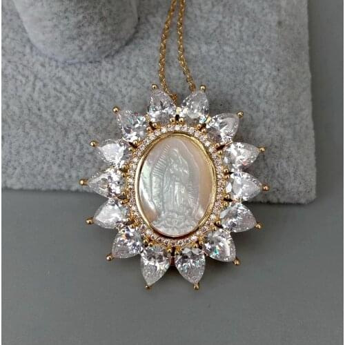 YYGEM 17.5" White Shell Virgin Mary Clear CZ Micro Pave Oval Shape Pendant Necklace