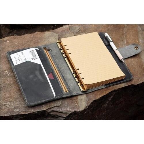 Personalized vintage gray leather travel journal with pockets A5 travelers notebook travel binder organizer