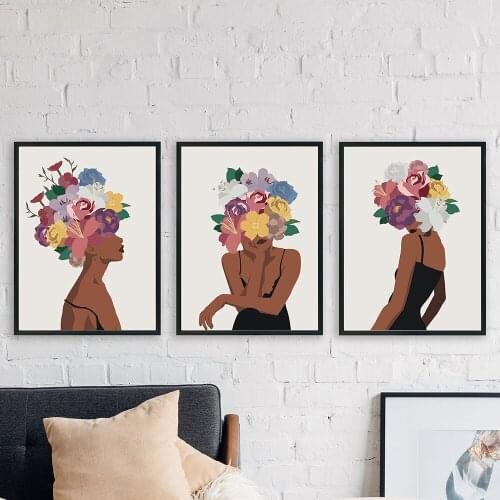 Flower Woman Head Canvas Poster Feminist Black Skin Boho Wall Art Prints Painting Modern Decorative Picture Living Room Decor