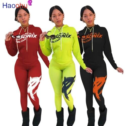 HAOOHU Casual Letter Print Hoodies Two Piece Sets Women Autumn Winter Loose Drawstring Sweatshirt+Sweatpants Matching Outfits