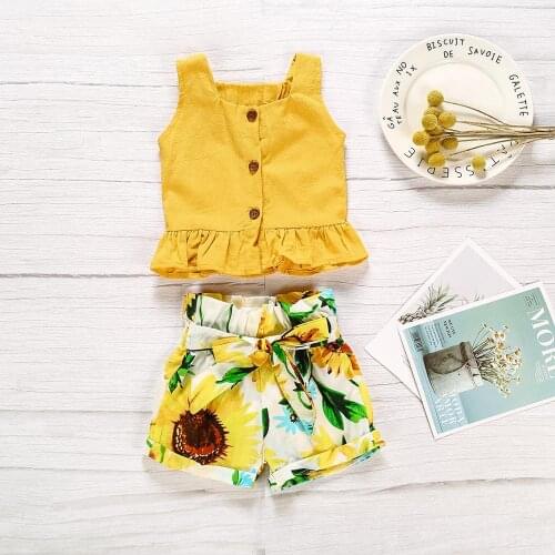 Baby Gilrs Clothing Set Summer Childrens Wear Sleeveless Cotton Top + Sunflowers Print Shorts 2PCs Girls' Outfit Kids Suits