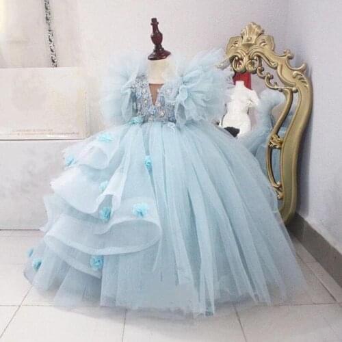Real Picture Luxury Flower Girls Dresses Ball Gowns Sky Blue Flowers Children Baby Girls Celebrity Dress Princess Ball Gowns
