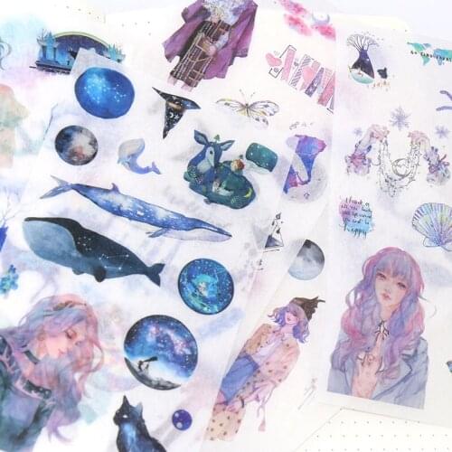 6 pieces Self-made Fresh girl Starry sky /Blue Whale Marine animal Sticker washi paper Sticker/ DIY decoration handbook sticker