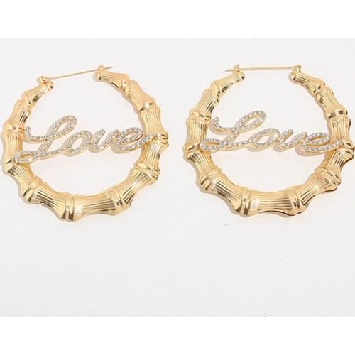 Hiphop Custom Name Earrings Bling Name Bamboo Snake Hoop Earrings Love Shape Customize Earrings Stainless Steel Bamboo Earrings