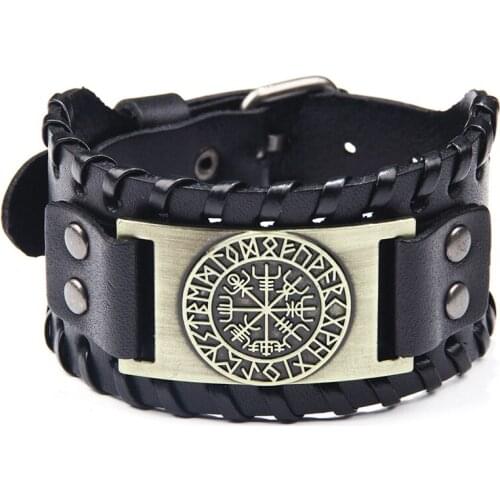 Vintage Mens Wide Leather Pirate Compass Bracelet Vintage Domineering Jewelry