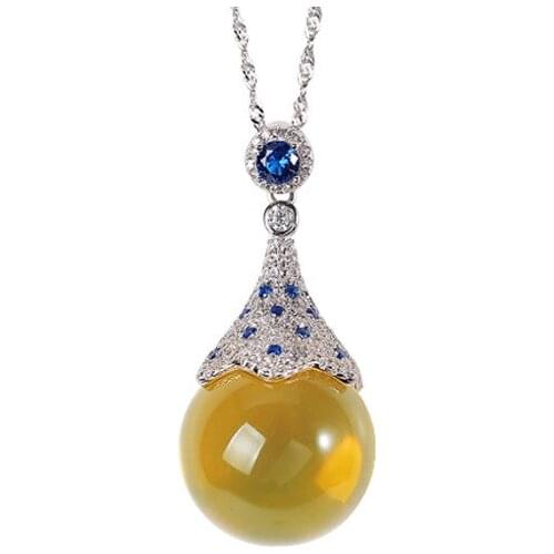 S925 sterling silver Natural Mexican blue amber Pendant Personality Temperament Round beads Ladies Sweater chain Chain set