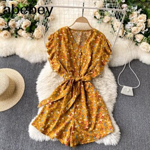 Women Bohemian Floral Rompers Korean V Neck Ruffles Sleeve Button Jumpsuit Summer Casual Wide Leg Print Short Rompers
