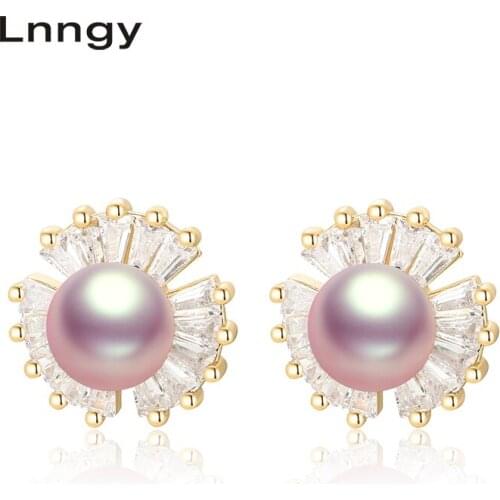 Lnngy 14K Gold Filled Earrings 7-7.5mm Natural Cultured Freshwater Pearl Stud Earrings Women Wedding Anniversary Jewelry Gifts
