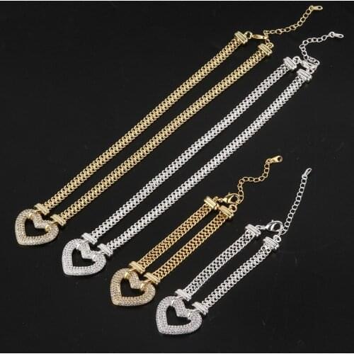 Fashion Crystal Heart Pendant Necklace Bracelet Set Gold Color Double Chain Link Women Jewelry Girl Gift 2021