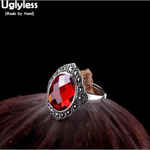 Uglyless Tempting Garnet Red Gemstones Rings for Women Vintage Thai Silver Open Rings Solid 925 Silver Bijoux Fine Jewelry R865