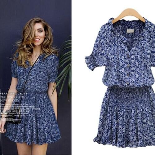 Fashion Floral Print Dress Women High Waist Sashes A Line Summer Dress Short Sleeve Single-Breasted Bohemian Midi Dresses