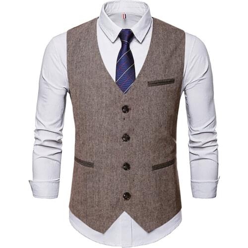 2020 New Mens Dress Vest Slim-Fit Mens Suit Vest Vintage Men Buttons Suit Vest Slim Business Wedding Groomsmen Cotton Waistcoat