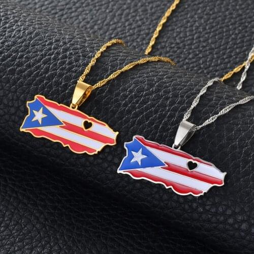 Anniyo Heart Puerto Rico Map and Color Flag Pendant Necklaces Gold Color/Silver Color PR Puerto Ricans Jewelry Gifts #165521