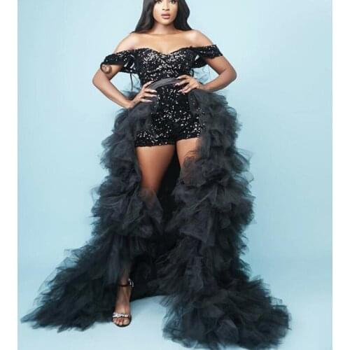 Black Sequin Evening Dresses Party Off Shoulder Jumpsuit Short Front Long Back with Ruffle Train African Women Formal Prom Gown