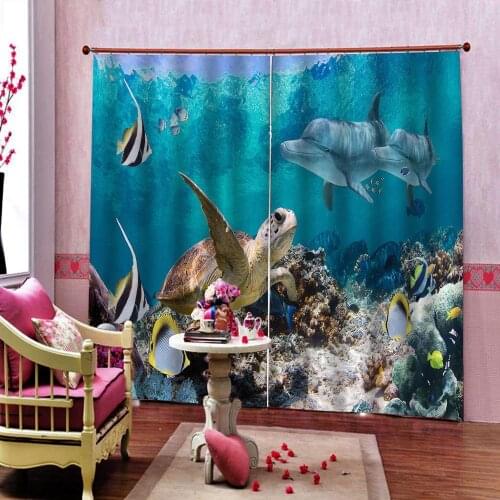 Turtle Fish Corals Dolphins Curtain Underwater World Childrens room Eco-Friendly Polyester Fabric Blackout Window Drapes Sets