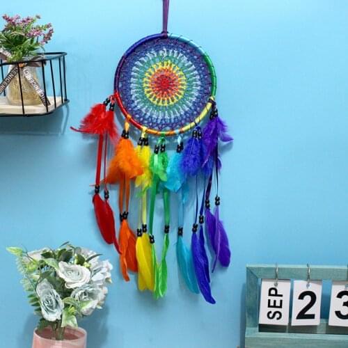 Creative Colorful Wind Chimes Handmade Girl Heart Dream Catcher Pendant Featured Feathers Decoration Room Bedroom Wall Decor