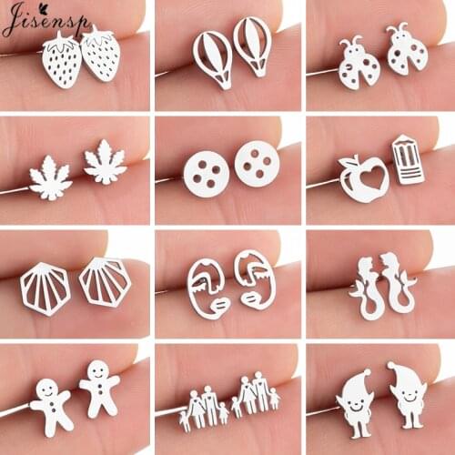 Tiny Stainless Steel Stud Earrings for Women Girls Black Punk Ladybug Leaf Apple Buttons Face Earings Happy Family Jewelry Gifts