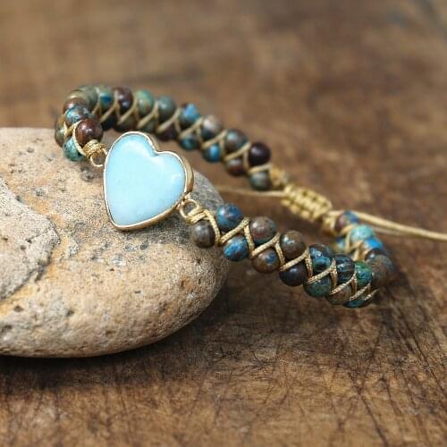 Amazonite Heart Shape Blue Crazy Lace Agates Braided Bangle Friendship Charm Wrap Bracelet Women Men Handmade Jewelry