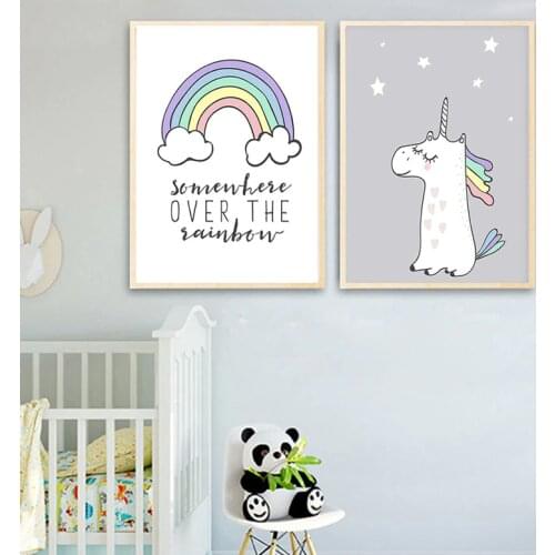 Cute Cartoon Baby Girl Nursery Canvas Art Poster Unicorn Canvas Painting Wall Picture for Kids Living Room Bedroom Decoration