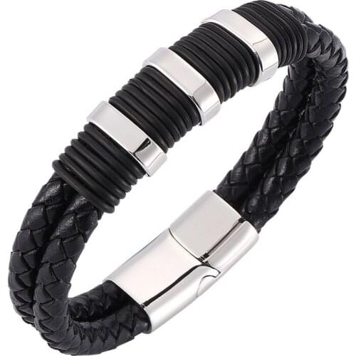 Trendy Black Braided Leather Bracelet Men Jewelry Stainless Steel Magnetic Buckle Fashion Leather Rope Bracelet Wristband Gifts