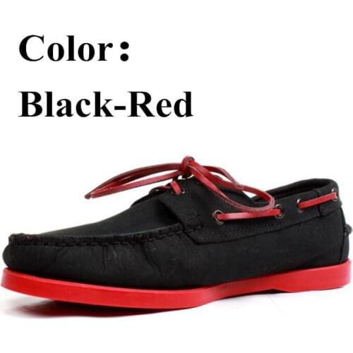 Men Genuine Nubuck Leather Docksides Casual Boat Shoes,Brand Flat Loafers For Homme Femme Black Red Color X140