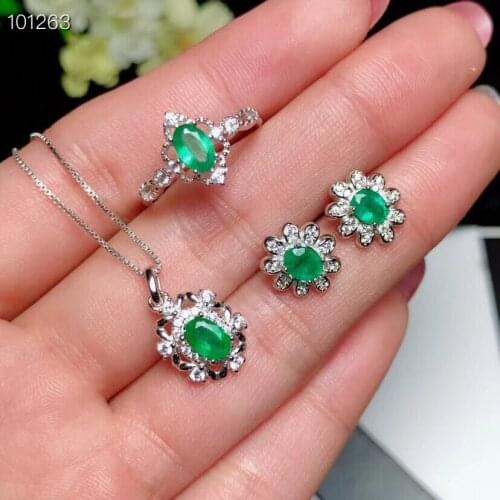 Natural Emerald jewelry set Natural Real Emerald 925 sterling silver 1pc pendant,1pc ring ,2pcs Earring