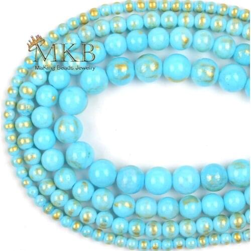 Natural Stone Round Lake Blue Turquoises Jades Gold Plated Loose Beads For Jewelry Making Beads Diy Bracelet Necklace 15"
