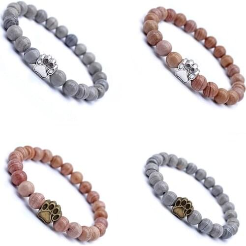 Natural Stone Love Bear Paw Bracelet 2019 New Fashion Couple Stone Rhodonite 8mm Bead Charm Animal Bracelet for Men Women