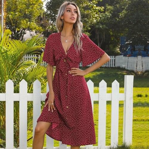 MEIYANGYOUNG V-neck Sexy Hollow Out Polka Dot Dress Hight Waist Mid Long Dresses Woman Butterfly Sleeve Summer Dress For Women