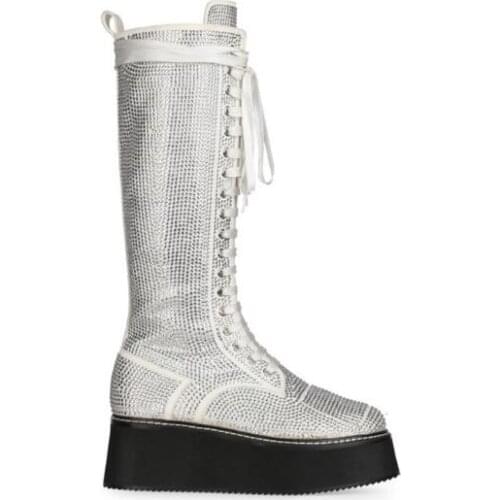 Drop Shipping Woman Black White Bling Bling Rhinestone Boots Thick Platform Sole Lace Up Crystal Knee High Long Martin Boots