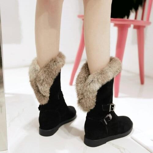 PXELENA Winter Warm Snow Boots for Women Faux Fur Buckle Hidden Med Heel Plush Ankle Boots Slip On Fashion Shoes Plus Size 34-43