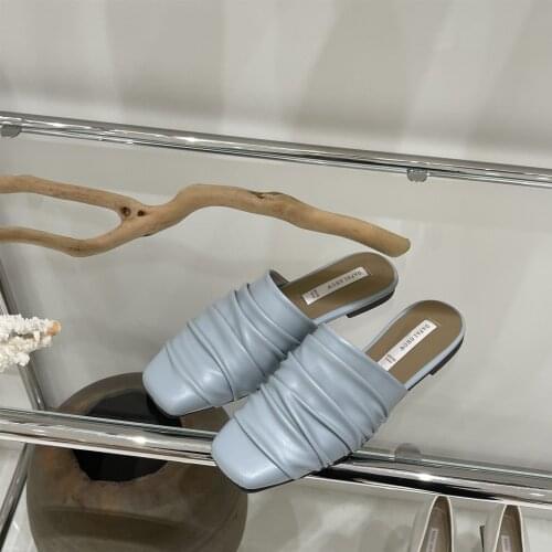 QUNSHENGRUI 2021NEW Wrinkle light blue outer Wear Slippers Retro Lazy Drag Half Drag Women European American Muller Shoes