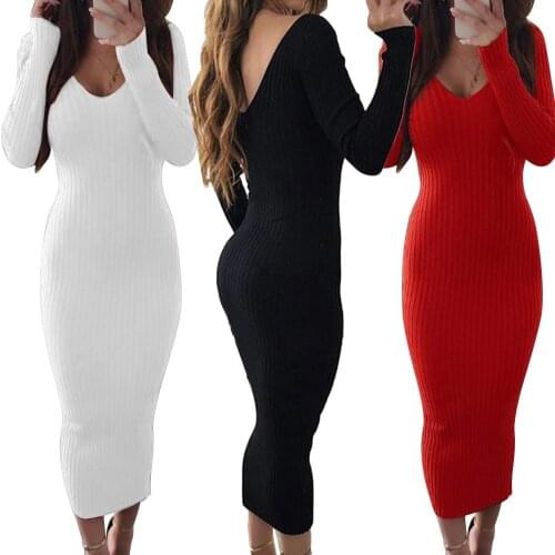 Sexy women dress winter 2020 knit sweater Long Sleeve V Neck Backless Ribbed Bodycon Slim Knitted Midi Dress Sweater Dress